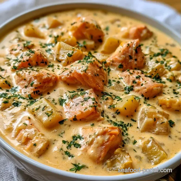 A steaming bowl of creamy seafood soup served with toasted sourdough bread and a linen napkin on a dark table