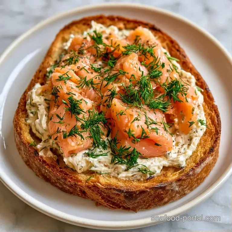 Golden toast topped with silky pink fish and green herbs, arranged artfully on a white marble serving board.