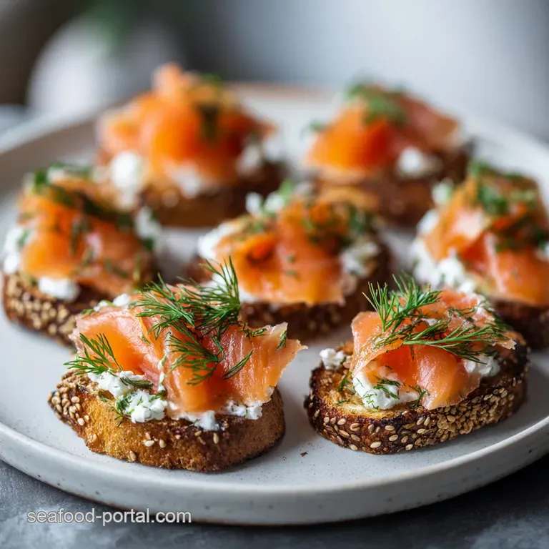 Elegant platter of smoked salmon canap&eacute;s: rosy salmon swirls atop golden toasts with bright green dill sprigs and lemon we...