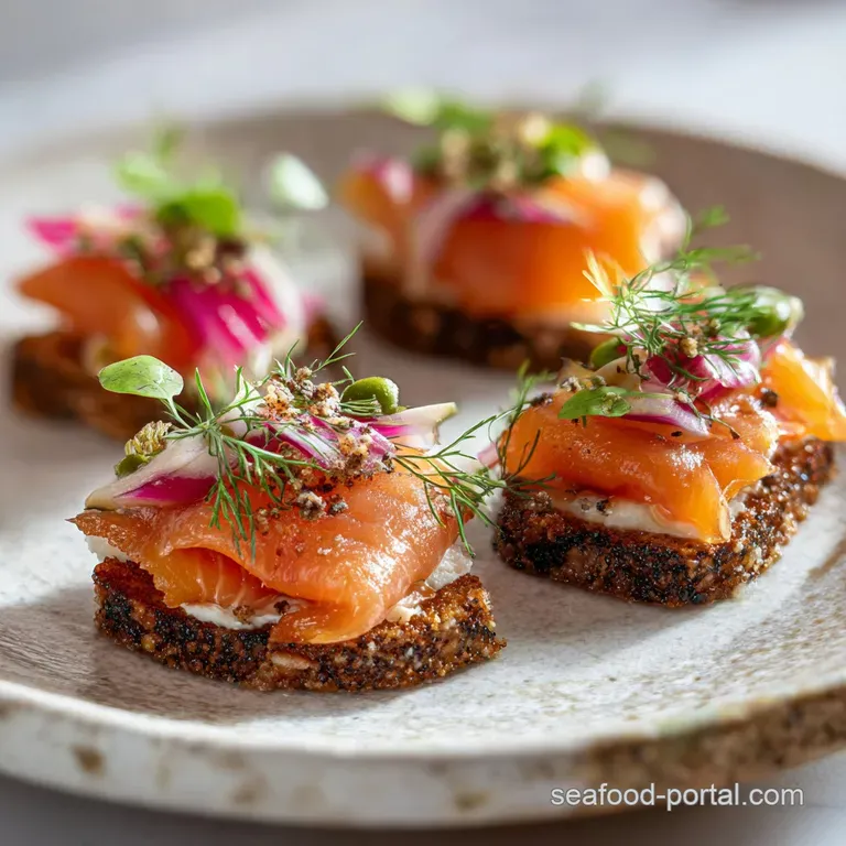 Delicate stacks of smoked salmon, dill, and cucumber on a white platter with lemon wedges.