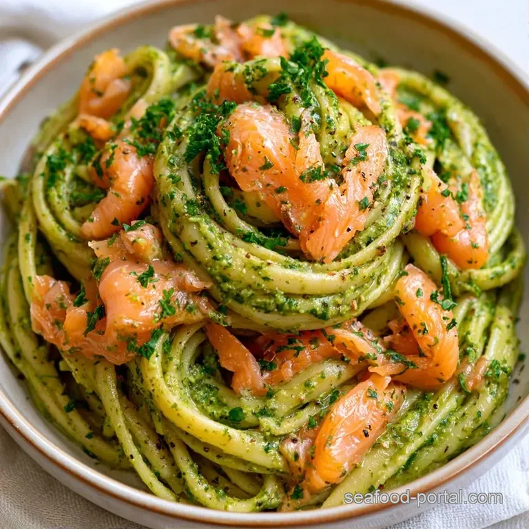 Elegant swirl of pesto pasta topped with ribbons of smoked salmon and a sprinkle of fresh parmesan on a slate plate.