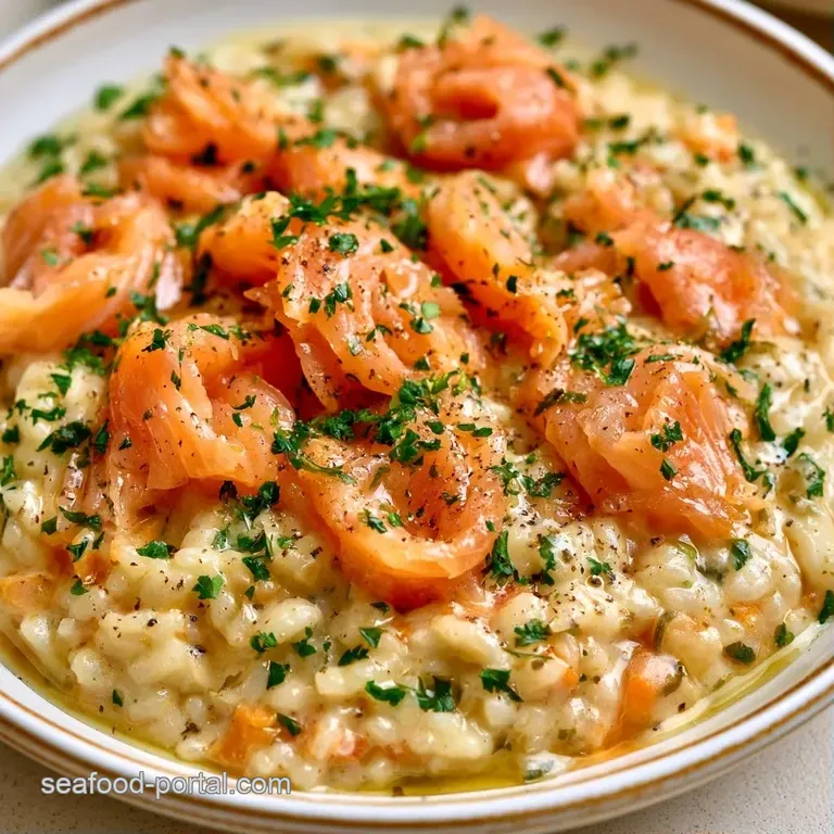 Elegant swirl of creamy rice topped with ribbons of smoked salmon, fresh dill, and a drizzle of lemon oil.