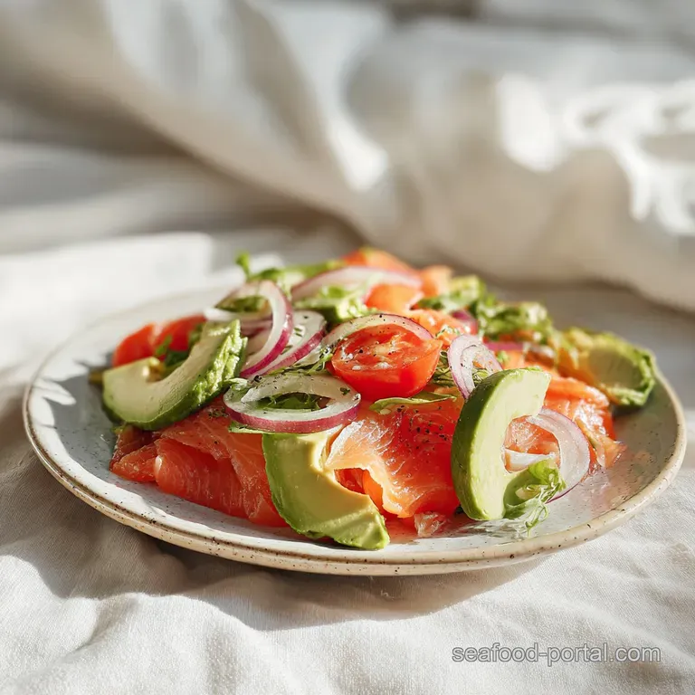 Elegant plate with chilled salmon salad, showcasing the pink salmon, crisp greens, and a drizzle of creamy sauce against w...
