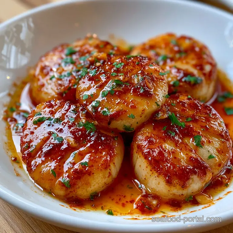 Plump, seared scallops arranged on a white ceramic plate with minced garlic and a sprinkle of fresh green parsley.