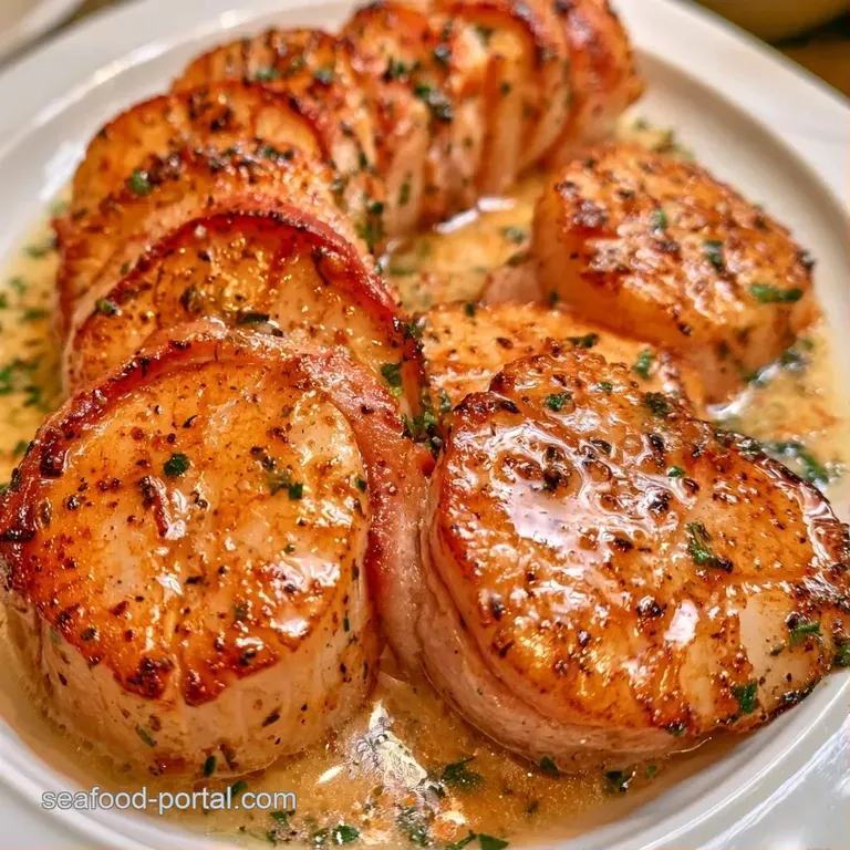 Three golden-brown wrapped seafood morsels elegantly plated with a drizzle of sauce and a sprig of fresh green parsley.