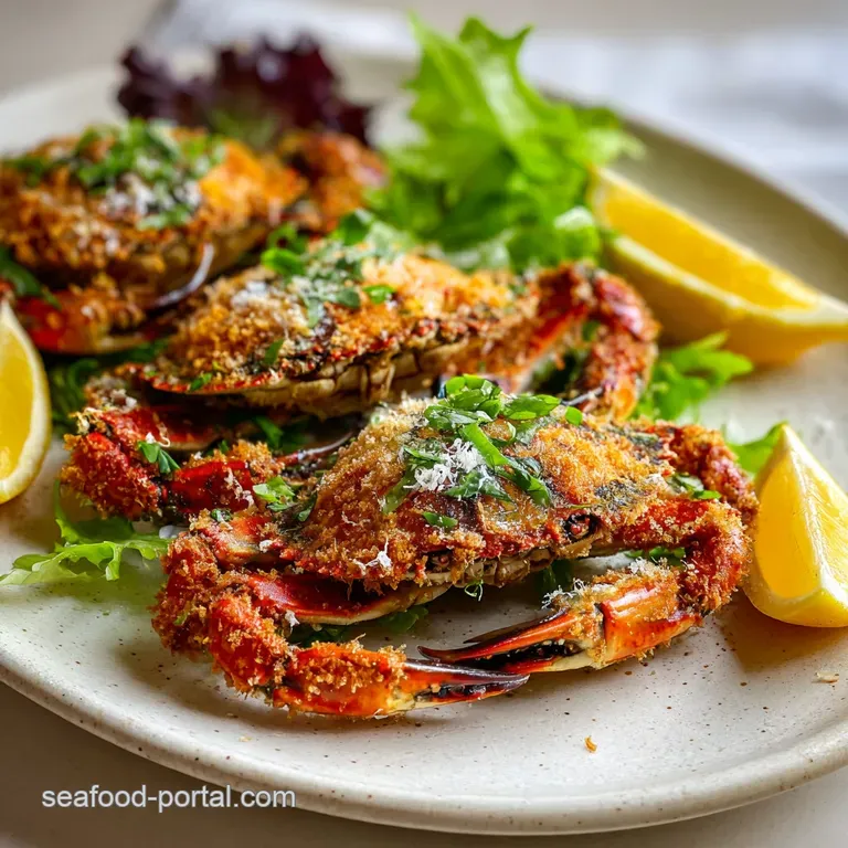 Two golden-brown soft shell crabs elegantly plated on white, accented by vibrant greens and a wedge of lemon, inviting war...