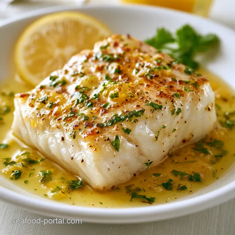 A white fish fillet centered on a ceramic plate, surrounded by vibrant green asparagus and a pool of melted butter.