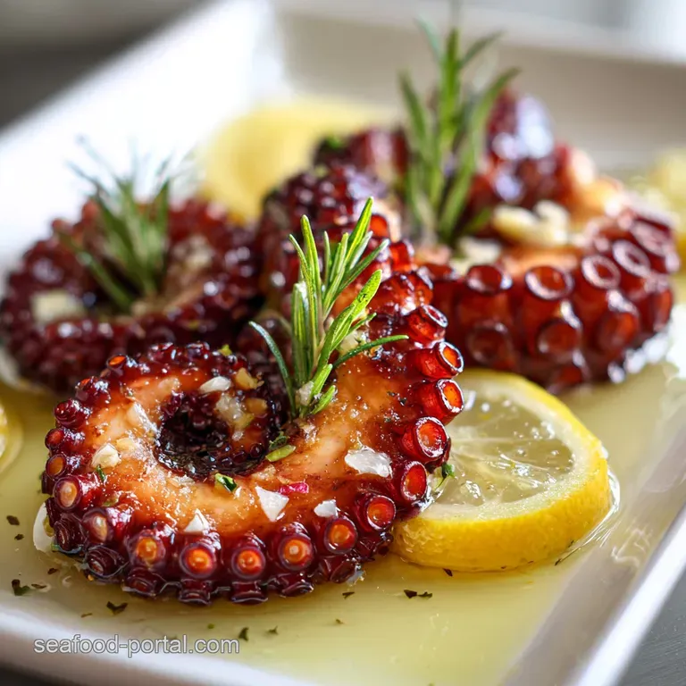 Tender octopus slices drizzled with oil, scattered with herbs, and lemon zest on bright white plates. Sophisticated dining...
