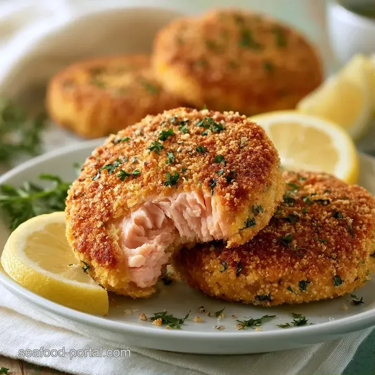 Three seared patties stacked neatly with a bright lemon wedge and a dollop of creamy white tartar sauce.