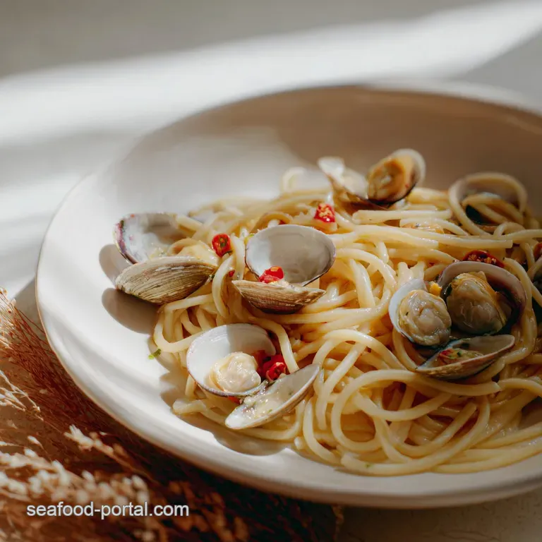 Elegant swirl of glossy pasta topped with steamed clams and sliced lemons on a minimalist white ceramic plate.