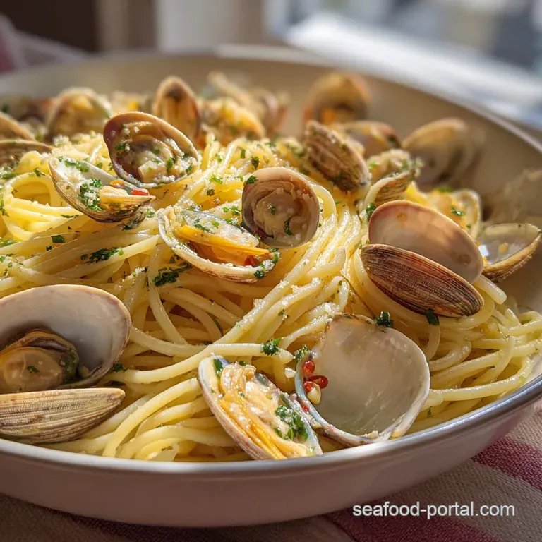 Steaming, twirled spaghetti with scattered clams in a shallow white bowl. A drizzle of olive oil adds sheen; fresh parsley...