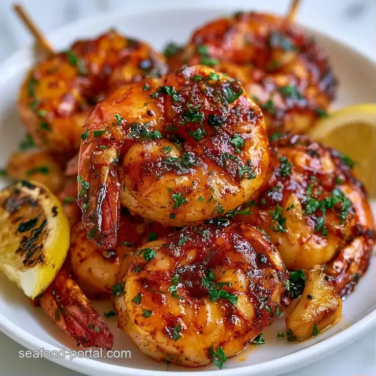 Three grilled shrimp skewers arranged diagonally on a white porcelain plate with a drizzle of garlic oil.
