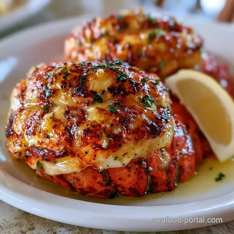 Platter of charred lobster tails garnished with bright yellow lemon wedges and a sprig of aromatic green parsley.