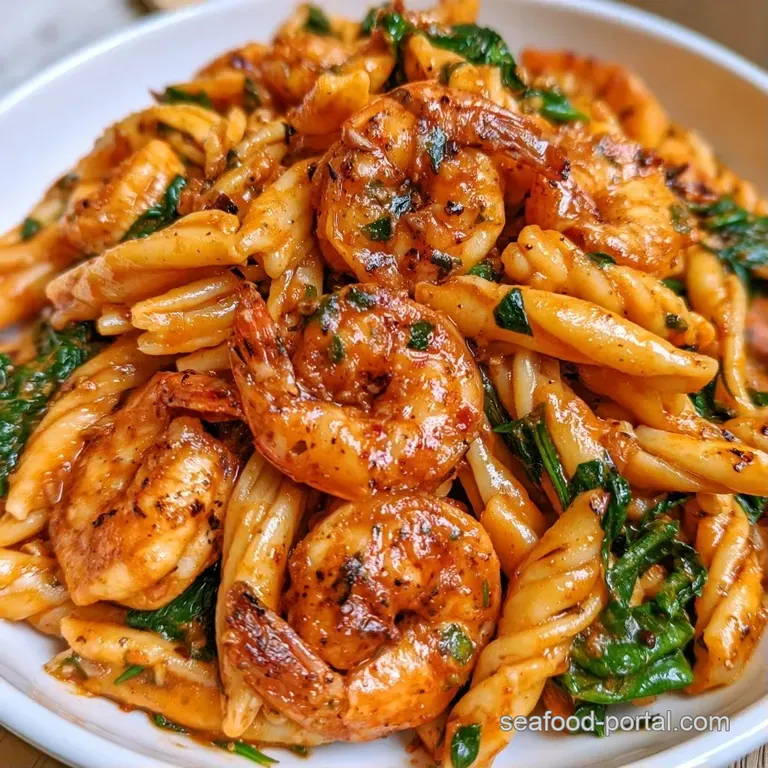 Elegant white plate featuring creamy orange pasta swirls topped with seared shrimp and a fresh lemon wedge.