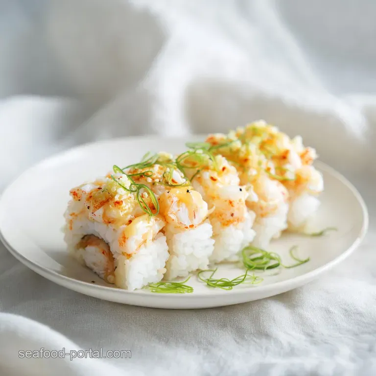 A single spicy crab roll elegantly plated, highlighting the bright orange crab and contrasting white rice and green avocado.