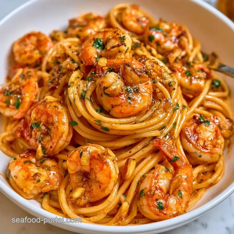 Swirled pasta nest topped with seared shrimp, sliced garlic, and a sprinkle of green herbs in a ceramic bowl.