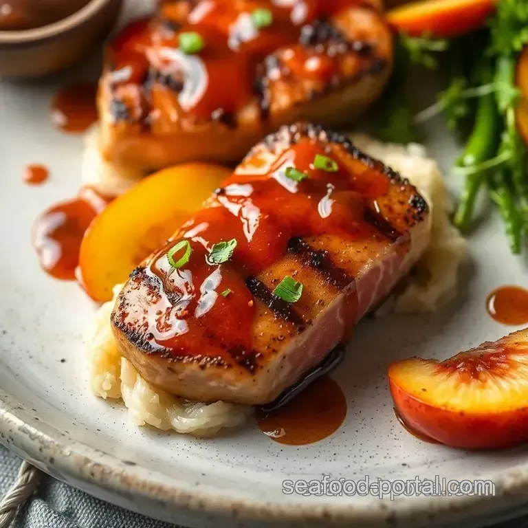 Sear Tuna Steaks with Spicy Peach Glaze presentation