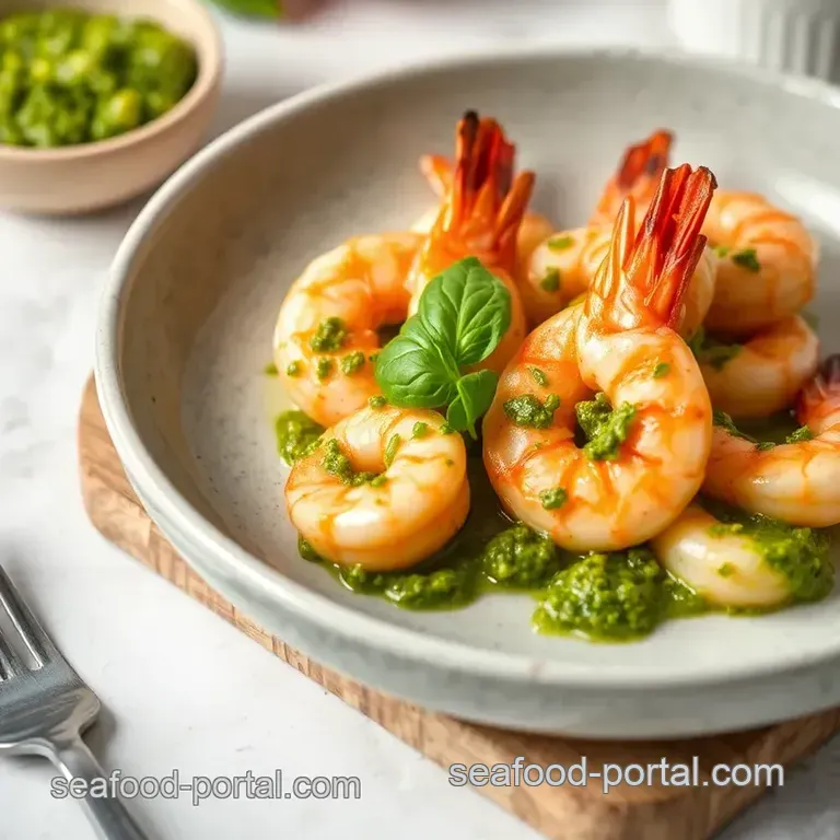 Sautéed Prawns with Zesty Basil Pesto presentation