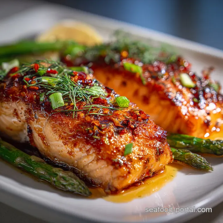 Seared salmon steak with a vibrant chili sauce on a modern white plate, garnished with scallions, offering a restaurant-qu...