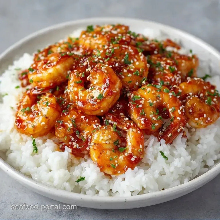 Glistening orange shrimp arranged over a mound of aromatic rice in a white ceramic bowl with a sprinkle of red chili.