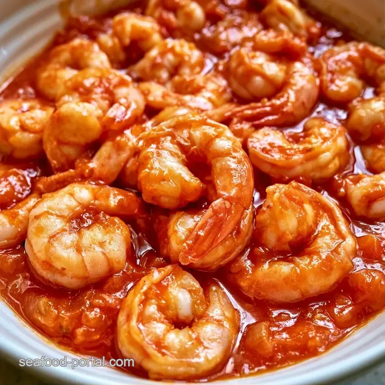 Plump pink shrimp in a shimmering tomato sauce on a white plate, accented by a sprinkle of fresh green herbs.