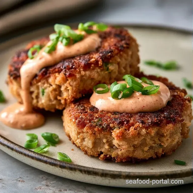 Three seared patties arranged on a white plate with a creamy sauce swirl and a garnish of fresh microgreens.