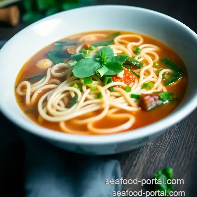 Spicy Udon Noodle Soup with Thai Basil and Fresh Veggies presentation