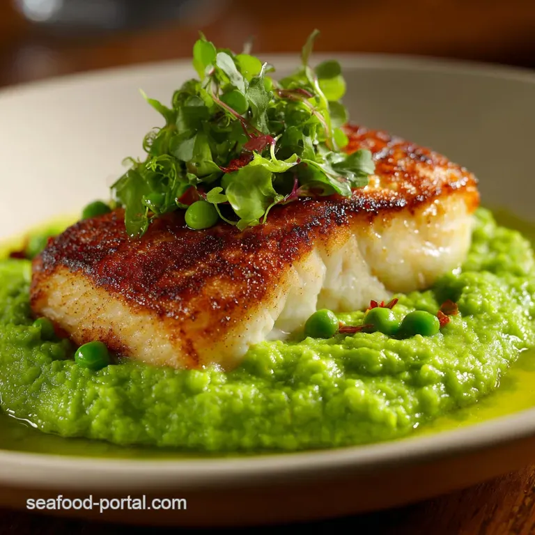 Spring Fish Recipes: Elegant Halibut with Pea Pur&eacute;e Brown Butter Vinaigrette presentation