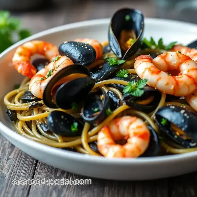 Squid Ink Seafood Pasta presentation