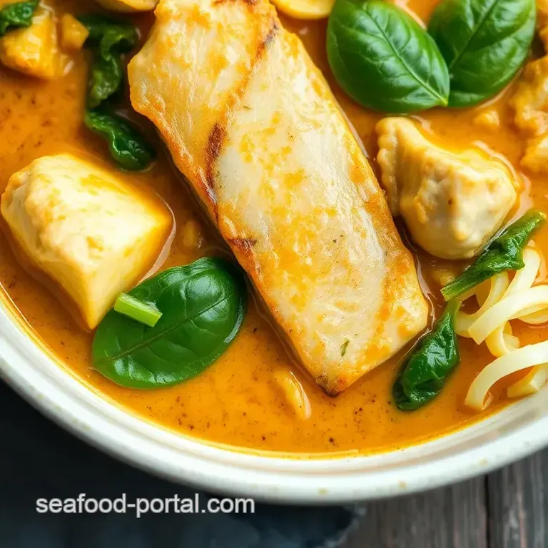 Steamed Mackerel Curry with Spinach and Basil presentation