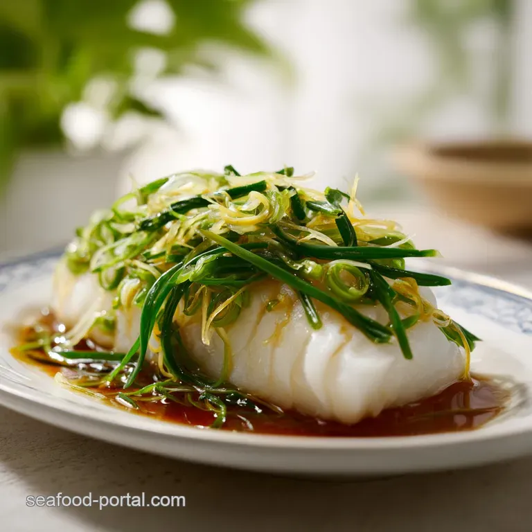 A minimalist white ceramic plate holding a tender white fillet garnished with julienned ginger and green onions.