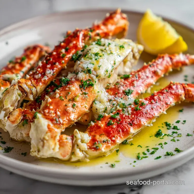 Plated king crab leg drizzled with lemon-garlic butter, alongside a bright lemon wedge and sprig of parsley on white plate.