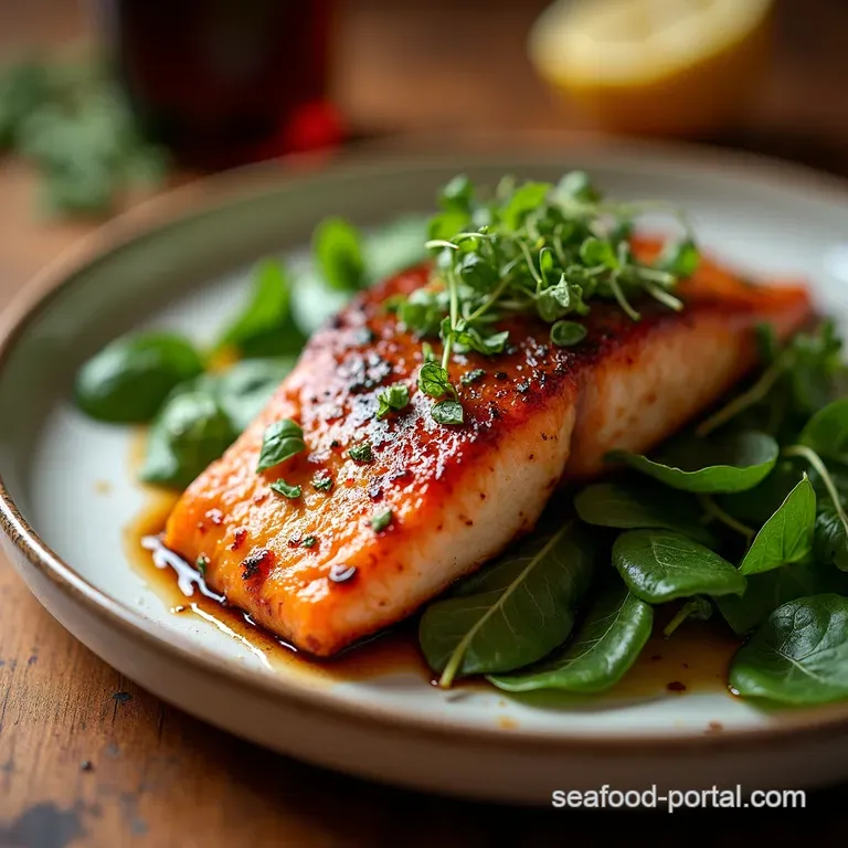Sticky MapleBalsamic Glazed Rainbow Trout with Herby Greens presentation
