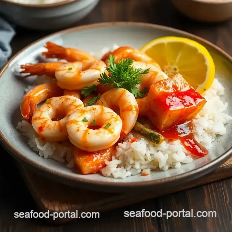 Spicy Stir-Fried Prawns & Salmon with Sriracha presentation