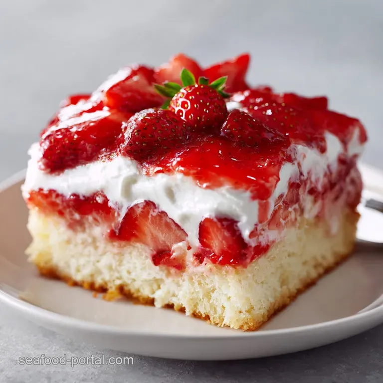 Slice of moist strawberry poke cake on a white plate, topped with a dollop of whipped cream and juicy, sliced berries.