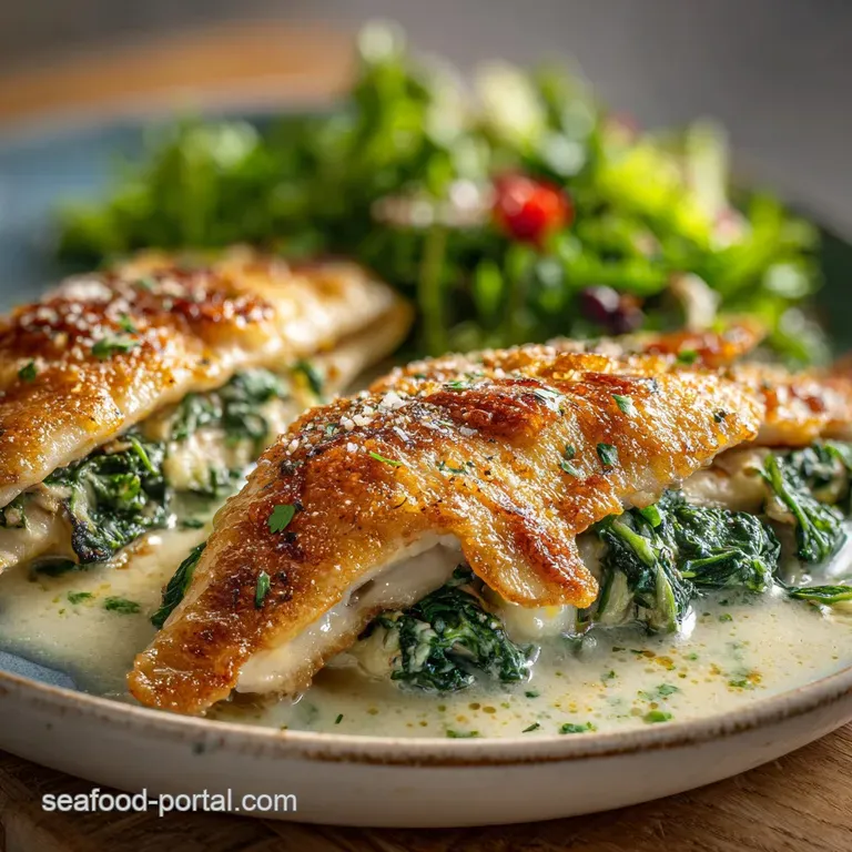 Flounder Florentine plated elegantly with lemon wedges. Steaming, flaky white fish with rich green spinach filling peeks f...