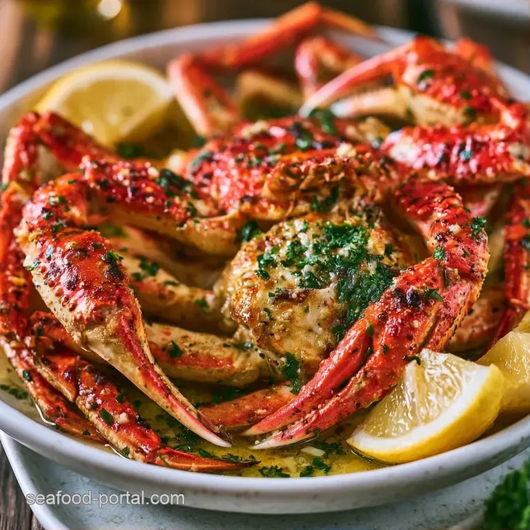 Elegantly plated red crab legs with grill marks, accented by bright yellow lemon wedges and fresh green parsley.