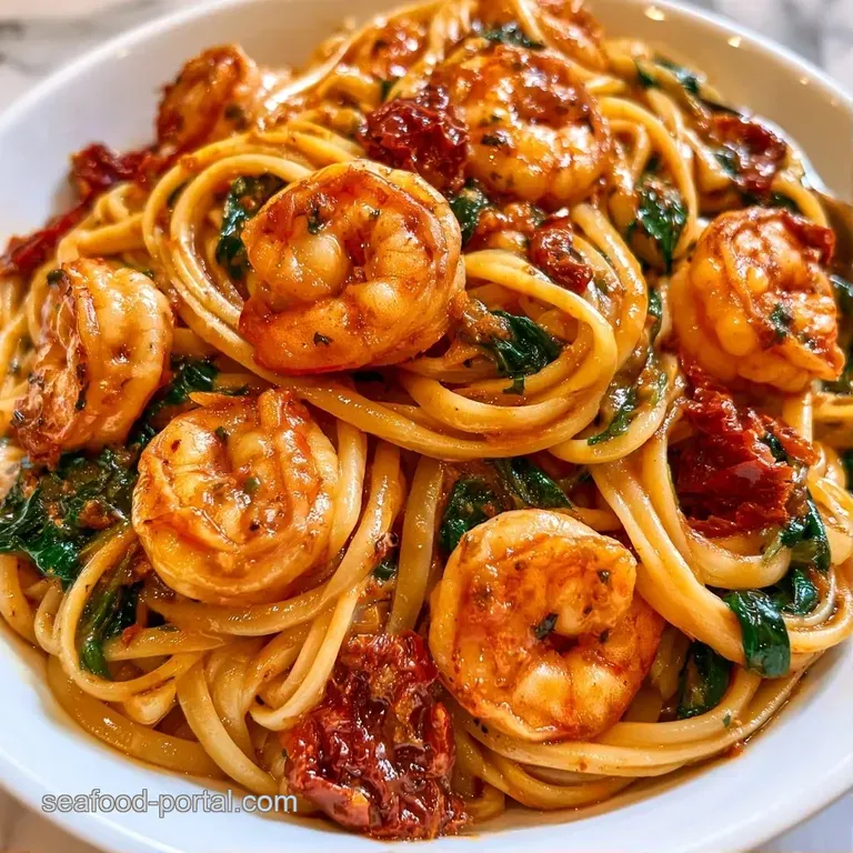 Swirled pasta topped with seared shrimp and red sun-dried tomatoes, garnished with fresh green parsley on a white plate.