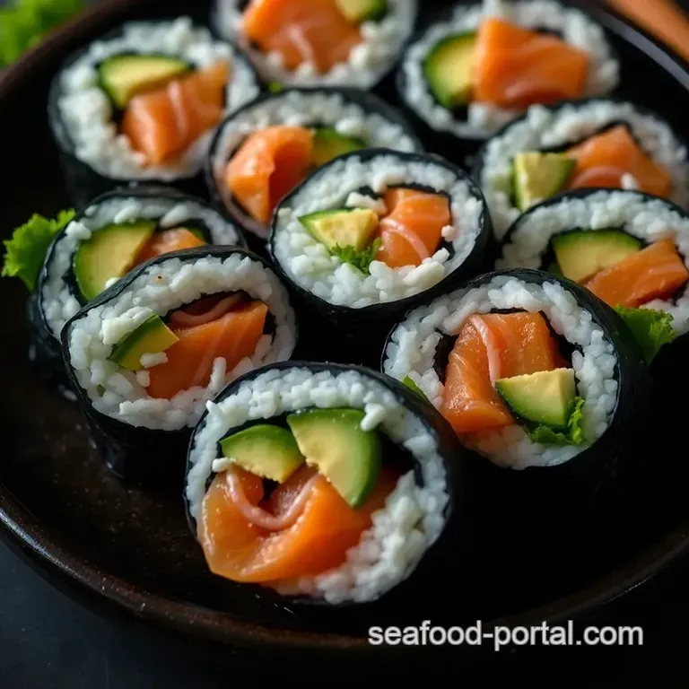 Sushi Rolls with Salmon or Imitation Crab and Avocado presentation