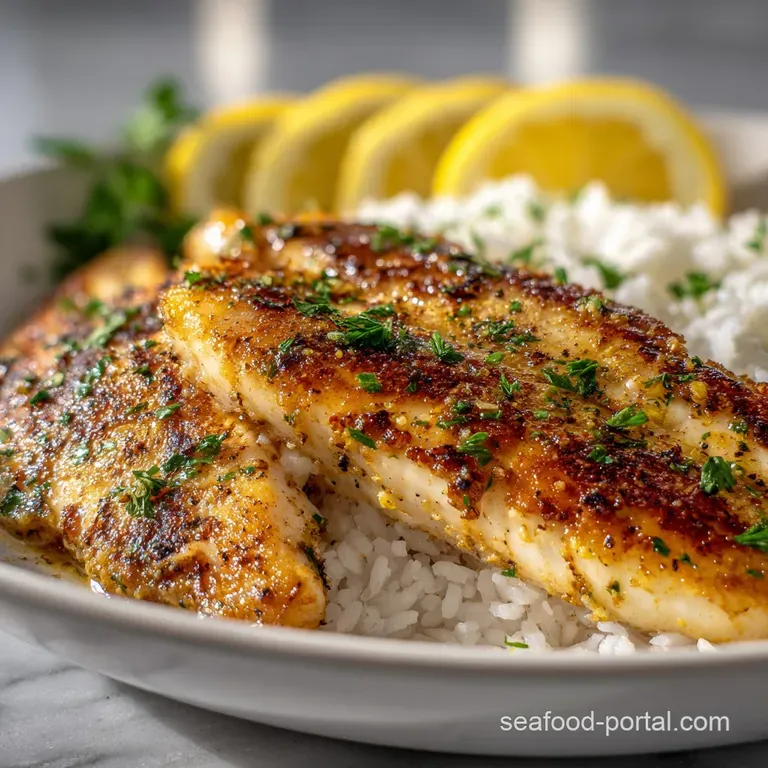Elegant plate of glistening white fish with vibrant lemon slices and herbs, promising a light and flavorful meal.
