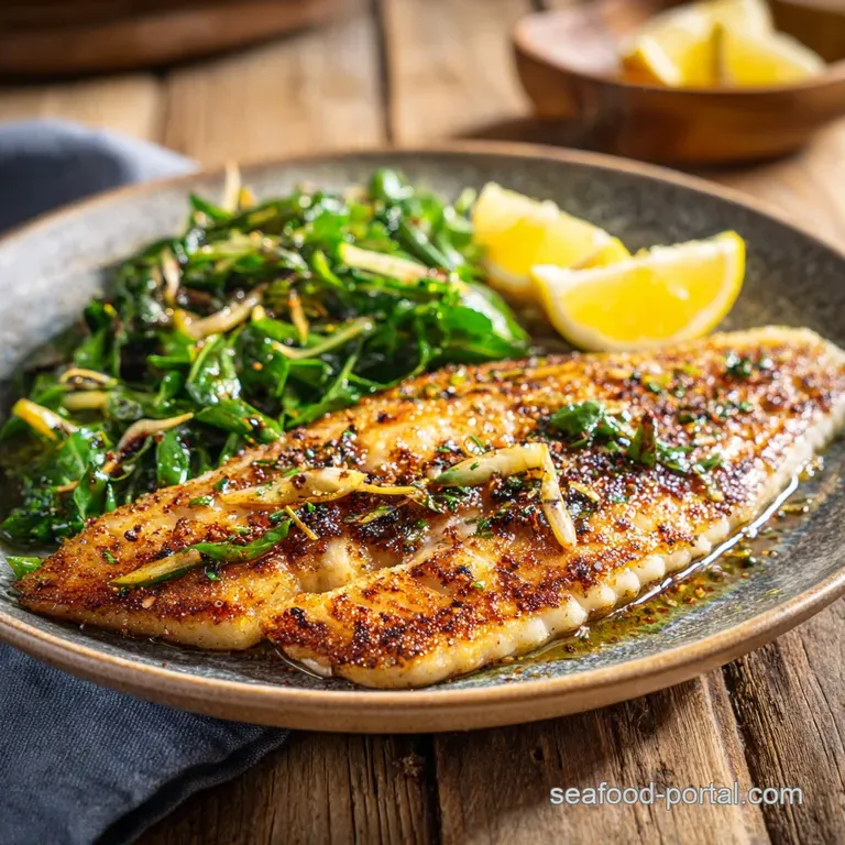 Delicate white fish fillet glistening with lemon juice, artfully plated with bright green beans and roasted potatoes, read...