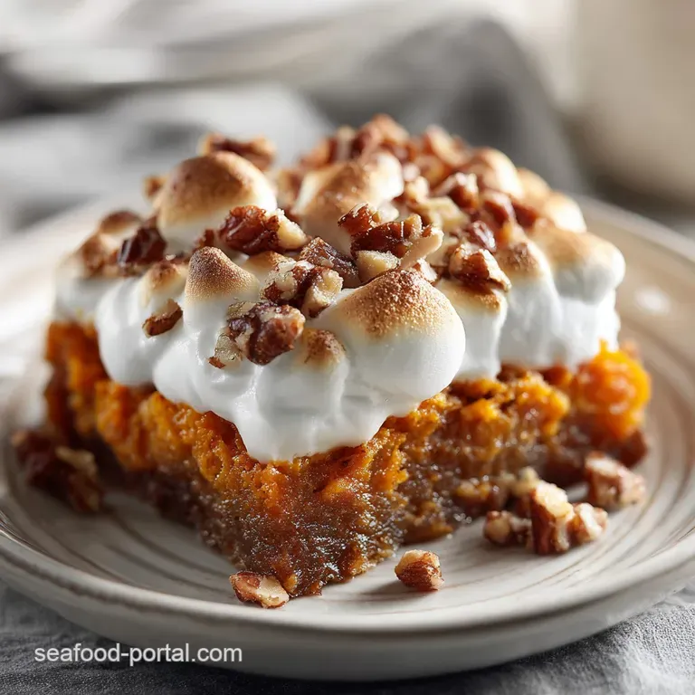 Creamy sweet potato casserole in a white baking dish, pecan topping with toasted marshmallows. Serving spoon is nestled in...