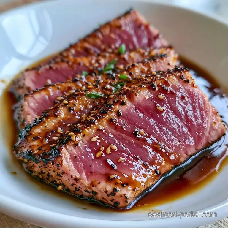 Artfully plated seared tuna with a shimmering dark glaze, toasted sesame seeds, and bright green onion slivers.