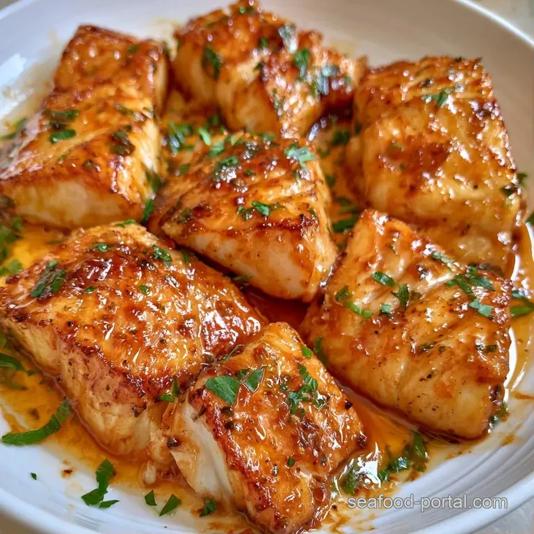 Flaky white fish fillets coated in sticky amber glaze on a white plate with steamed broccoli and sesame seeds.