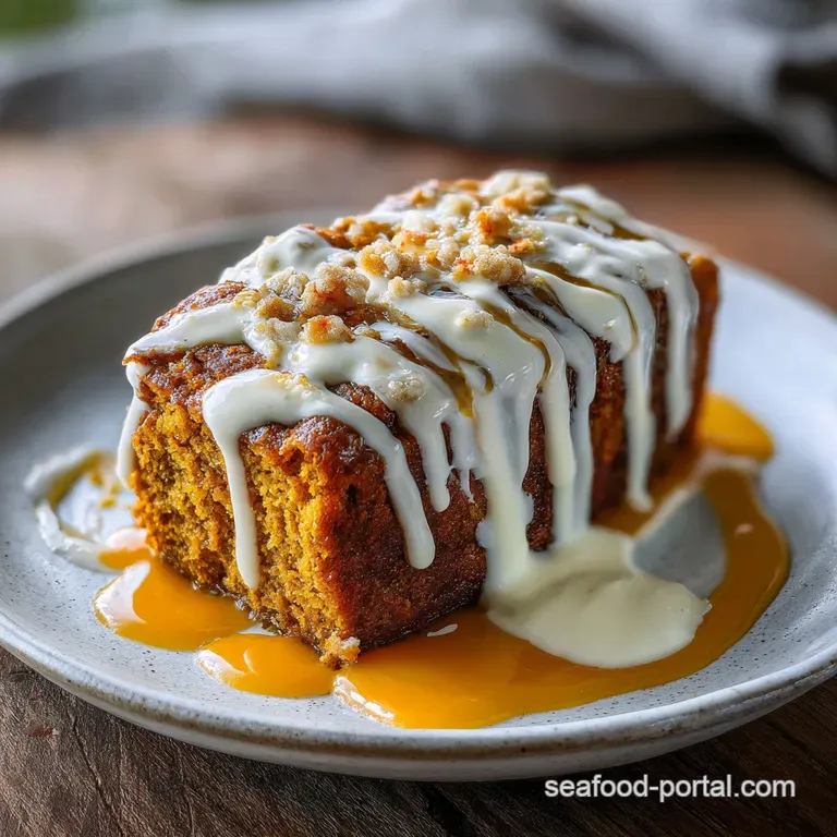 Slice of moist pumpkin bread, vanilla pudding oozing slightly, plated with a dollop of whipped cream and a sprinkle of cin...