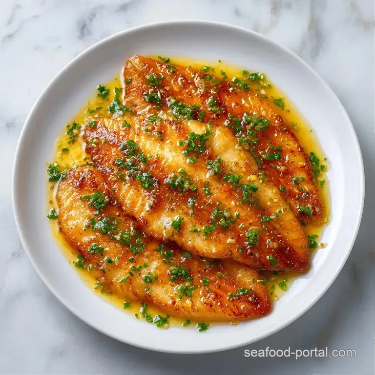 Pan-seared white fish fillets glazed in melted butter, served with lemon wedges and steamed asparagus on a platter.