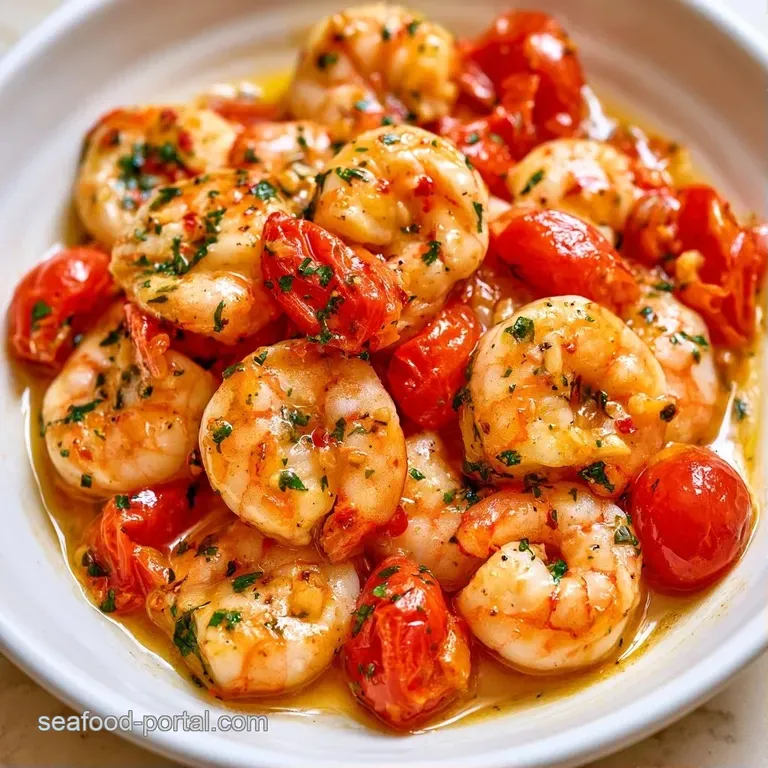 Vibrant red shrimp stew served in a shallow ceramic bowl, topped with a drizzle of oil and a sprig of fresh basil.
