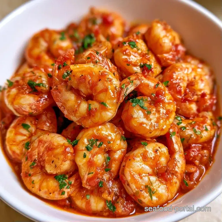 Glossy red sauce and tender shrimp served in a shallow white bowl, topped with a sprinkle of green herbs and olive oil.