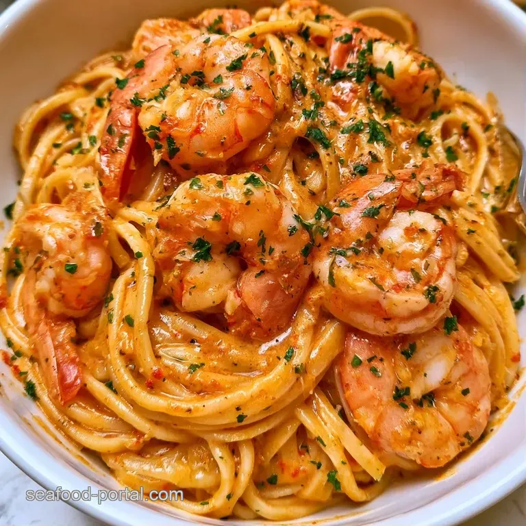 A white ceramic plate featuring swirls of creamy pasta topped with plump langostinos and a slice of bright lemon.