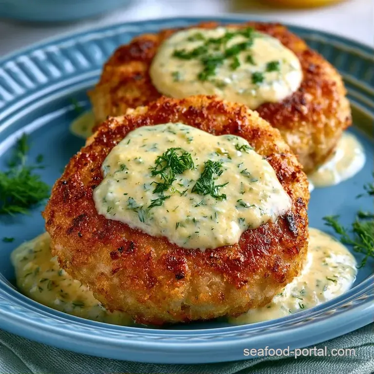 Three seared golden patties stacked neatly with a drizzle of creamy white herb sauce and a lemon slice.